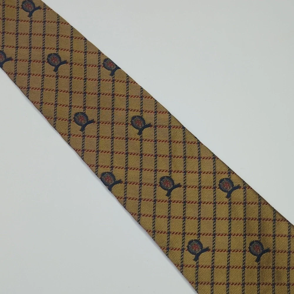 Tommy Hilfiger 90's Vintage Preppy Plaid Scattered Crest Logo Silk Neck Tie Tan